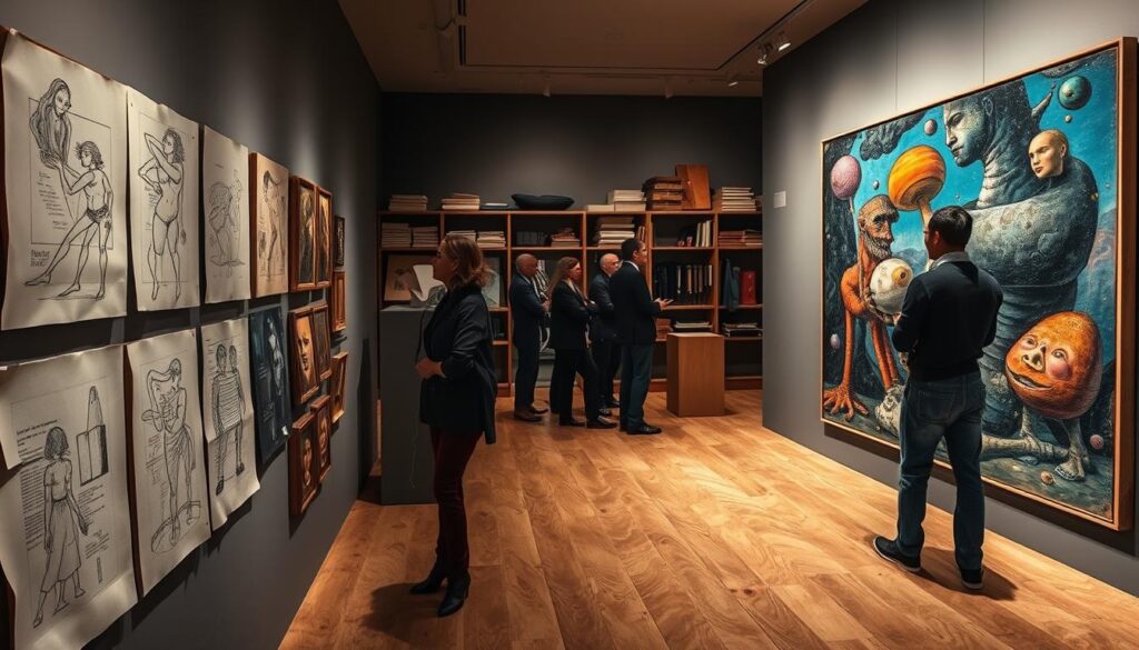 A split composition illustrating the contrast between works on paper and paintings within the surrealist art movement. In the foreground, vibrant surrealist paintings with distorted realities, organic shapes, and unexpected juxtapositions burst with color and layered textures. On the left, detailed sketches, collages, and mixed media works on paper exhibit intricate lines and subtle tones, showcasing craftsmanship and condition. The middle ground features a stylish art gallery setting, with well-dressed viewers engaged in contemplation, admiring the pieces. Soft, ambient lighting enhances the mysterious atmosphere, casting gentle shadows and highlighting the details of the artwork. In the background, shelves laden with art tools and supplies hint at the creative process, while muted colors add depth. The overall mood is one of intrigue and reverence for artistic expression and its value in an evolving market. A split composition illustrating the contrast between works on paper and paintings within the surrealist art movement. In the foreground, vibrant surrealist paintings with distorted realities, organic shapes, and unexpected juxtapositions burst with color and layered textures. On the left, detailed sketches, collages, and mixed media works on paper exhibit intricate lines and subtle tones, showcasing craftsmanship and condition. The middle ground features a stylish art gallery setting, with well-dressed viewers engaged in contemplation, admiring the pieces. Soft, ambient lighting enhances the mysterious atmosphere, casting gentle shadows and highlighting the details of the artwork. In the background, shelves laden with art tools and supplies hint at the creative process, while muted colors add depth. The overall mood is one of intrigue and reverence for artistic expression and its value in an evolving market.