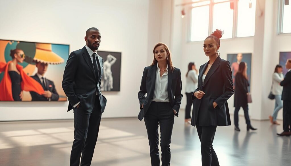 A stylish fashion photography scene featuring a diverse group of three individuals dressed in sharp, professional attire, standing in a well-lit gallery space. The foreground captures the figures in crisp focus, showcasing their confident expressions and engaging poses as they discuss the artwork. In the middle ground, abstract photographs and surrealist pieces adorn the walls, with vibrant colors and contrasting shadows inviting the viewer’s curiosity. The background includes soft, blurred silhouettes of attendees exploring the exhibition, enhancing the atmosphere of contemplation and creativity. The lighting is a blend of natural daylight streaming through large windows and soft, ambient gallery lights, creating an inviting and dynamic space that feels both modern and timeless. The mood is one of intellectual engagement and discovery, reflective of the intersection between fashion, art, and the surreal. A stylish fashion photography scene featuring a diverse group of three individuals dressed in sharp, professional attire, standing in a well-lit gallery space. The foreground captures the figures in crisp focus, showcasing their confident expressions and engaging poses as they discuss the artwork. In the middle ground, abstract photographs and surrealist pieces adorn the walls, with vibrant colors and contrasting shadows inviting the viewer’s curiosity. The background includes soft, blurred silhouettes of attendees exploring the exhibition, enhancing the atmosphere of contemplation and creativity. The lighting is a blend of natural daylight streaming through large windows and soft, ambient gallery lights, creating an inviting and dynamic space that feels both modern and timeless. The mood is one of intellectual engagement and discovery, reflective of the intersection between fashion, art, and the surreal.