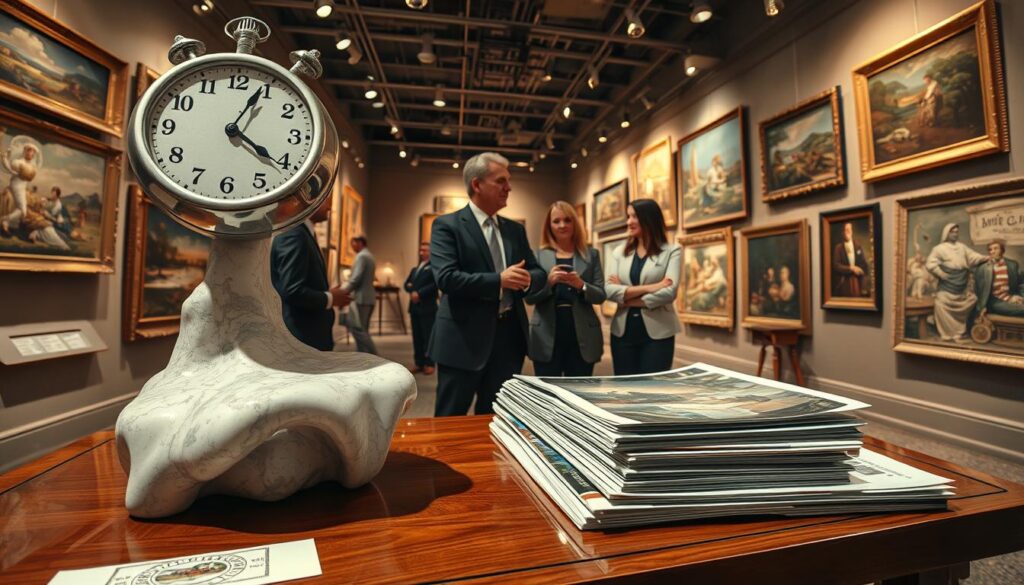 A surreal British art market scene, blending elements of surrealism with an analytical vibe. In the foreground, abstract sculptures resembling common market items, like a clock melting over a stack of art catalogs, float above a polished wooden table displaying rare artwork. The middle ground features a diverse group of professional art buyers, dressed in smart business attire, engaged in thoughtful conversation about pricing trends and rarity. The background showcases a whimsical gallery setting lined with dreamlike paintings, illuminated by soft, golden lighting that casts intriguing shadows. An atmosphere of curiosity and speculation permeates the space, evoking a sense of wonder and deep analysis associated with the British surrealism market. The perspective captures a wide-angle view, providing depth and dimension to the scene. A surreal British art market scene, blending elements of surrealism with an analytical vibe. In the foreground, abstract sculptures resembling common market items, like a clock melting over a stack of art catalogs, float above a polished wooden table displaying rare artwork. The middle ground features a diverse group of professional art buyers, dressed in smart business attire, engaged in thoughtful conversation about pricing trends and rarity. The background showcases a whimsical gallery setting lined with dreamlike paintings, illuminated by soft, golden lighting that casts intriguing shadows. An atmosphere of curiosity and speculation permeates the space, evoking a sense of wonder and deep analysis associated with the British surrealism market. The perspective captures a wide-angle view, providing depth and dimension to the scene.
