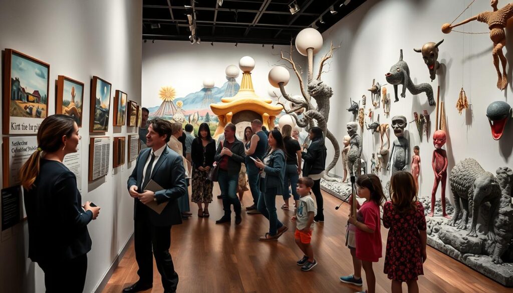 A surreal art gallery exhibition space, filled with imaginative and abstract art pieces. In the foreground, a professional curator in smart casual attire stands beside a detailed exhibition label, explaining an artwork to visitors. The middle ground features diverse guests (adults and children) exploring, using audio guides, and engaged with interactive art pieces featuring dreamlike landscapes and enigmatic figures. The background showcases a blend of unconventional sculptures and eclectic wall installations, creating an immersive atmosphere. Soft, diffused lighting enhances the surreal ambiance, and the space is viewed from a slightly elevated angle, inviting the viewer into this imaginative world. The overall mood is whimsical yet educational, emphasizing the experience of interpretation and engagement with art. A surreal art gallery exhibition space, filled with imaginative and abstract art pieces. In the foreground, a professional curator in smart casual attire stands beside a detailed exhibition label, explaining an artwork to visitors. The middle ground features diverse guests (adults and children) exploring, using audio guides, and engaged with interactive art pieces featuring dreamlike landscapes and enigmatic figures. The background showcases a blend of unconventional sculptures and eclectic wall installations, creating an immersive atmosphere. Soft, diffused lighting enhances the surreal ambiance, and the space is viewed from a slightly elevated angle, inviting the viewer into this imaginative world. The overall mood is whimsical yet educational, emphasizing the experience of interpretation and engagement with art.