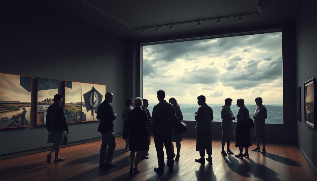 A surreal scene depicting wartime exile, set in a dimly lit British gallery filled with abstract artworks. In the foreground, a group of refugees, dressed in modest casual clothing, interact with the art, their expressions a mix of contemplation and nostalgia. The middle ground features fragmented shapes and distorted images of wartime landscapes, blending into dream-like forms that suggest loss and longing. In the background, a large window reveals a cloudy, oppressive sky, hinting at the outside world’s turmoil. The lighting is soft and eerie, casting elongated shadows across the gallery floor. The mood is both haunting and reflective, encapsulating the themes of displacement and resilience found in British Surrealism during wartime. A surreal scene depicting wartime exile, set in a dimly lit British gallery filled with abstract artworks. In the foreground, a group of refugees, dressed in modest casual clothing, interact with the art, their expressions a mix of contemplation and nostalgia. The middle ground features fragmented shapes and distorted images of wartime landscapes, blending into dream-like forms that suggest loss and longing. In the background, a large window reveals a cloudy, oppressive sky, hinting at the outside world’s turmoil. The lighting is soft and eerie, casting elongated shadows across the gallery floor. The mood is both haunting and reflective, encapsulating the themes of displacement and resilience found in British Surrealism during wartime.