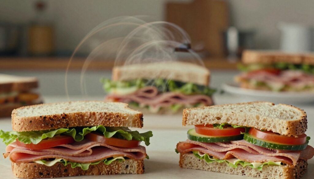A surrealist photomontage that combines various sandwich negatives seamlessly, showcasing slices of deli meats, fresh vegetables, and artisanal breads layered over abstract textures and contrasting colors. In the foreground, intricate details of the sandwich elements are sharply focused, with vibrant hues of green and red popping against muted backgrounds. The middle layer features a swirling blend of light and shadow, reminiscent of solarization techniques, creating a dreamlike atmosphere. In the background, faint outlines of kitchen items and abstract geometric shapes add depth, evoking a sense of dynamic movement. Soft, diffused lighting illuminates the composition, creating a warm, inviting aura. The overall mood is imaginative and whimsical, capturing the essence of montage art in photography.