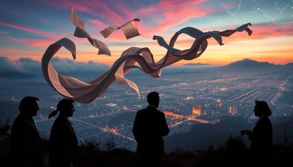 A surrealist poetry scene unfolds in a dreamlike landscape, where key figures of Surrealism—Breton, Eluard, Desnos, and Tzara—appear as ethereal silhouettes in the foreground, dressed in professional attire, immersed in thought. In the middle ground, swirling pages of poetry float through the air, morphing into abstract shapes and colors that blend seamlessly with a vibrant, fluid sky. The background features a fantastical cityscape melting into an ocean of words, with starry constellations that resemble poems scattered across the twilight. Soft, diffused lighting bathes the scene, casting gentle shadows and creating an enchanting, contemplative mood. The perspective is slightly elevated, allowing a sweeping view of the dreamlike tableau, inviting viewers into the world of surrealist literature. A surrealist poetry scene unfolds in a dreamlike landscape, where key figures of Surrealism—Breton, Eluard, Desnos, and Tzara—appear as ethereal silhouettes in the foreground, dressed in professional attire, immersed in thought. In the middle ground, swirling pages of poetry float through the air, morphing into abstract shapes and colors that blend seamlessly with a vibrant, fluid sky. The background features a fantastical cityscape melting into an ocean of words, with starry constellations that resemble poems scattered across the twilight. Soft, diffused lighting bathes the scene, casting gentle shadows and creating an enchanting, contemplative mood. The perspective is slightly elevated, allowing a sweeping view of the dreamlike tableau, inviting viewers into the world of surrealist literature.