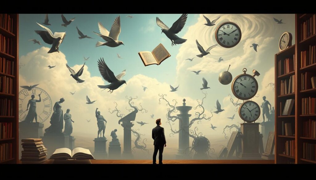 A surrealist scene depicting an abstract library, with books floating and merging into dreamlike shapes, representing the avant-garde poetics of textual surrealism. In the foreground, a figure in professional attire stands thoughtfully, gazing at pages that transform into birds, symbolizing liberation. The middle ground features distorted silhouettes of classical sculptures, intertwined with vines and abstract geometric forms, suggesting a resistant nature against conformity. The background is a hazy, ethereal landscape with swirling clouds and fragmented clocks, invoking an atmosphere of timelessness and rebellion. Soft, diffused lighting casts shadows that create depth, with a slightly tilted perspective to enhance the surreal quality, inviting the viewer into this dreamlike narrative. A surrealist scene depicting an abstract library, with books floating and merging into dreamlike shapes, representing the avant-garde poetics of textual surrealism. In the foreground, a figure in professional attire stands thoughtfully, gazing at pages that transform into birds, symbolizing liberation. The middle ground features distorted silhouettes of classical sculptures, intertwined with vines and abstract geometric forms, suggesting a resistant nature against conformity. The background is a hazy, ethereal landscape with swirling clouds and fragmented clocks, invoking an atmosphere of timelessness and rebellion. Soft, diffused lighting casts shadows that create depth, with a slightly tilted perspective to enhance the surreal quality, inviting the viewer into this dreamlike narrative.