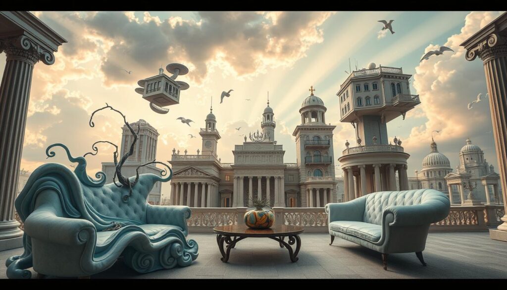 A surrealistic architectural design featuring bizarre and dreamlike structures with exaggerated forms and unexpected elements. In the foreground, whimsical furniture shaped like flowing water and twisting vines, juxtaposed against classic columns. The middle ground showcases architecturally impossible buildings with floating parts and distorted perspectives, appearing to defy gravity. The background is filled with a cloudy sky painted in soft pastel hues, allowing beams of warm, golden light to filter through. The scene evokes a sense of humorous metamorphosis, where objects take on uncanny qualities. The overall atmosphere is enchanting yet disconcerting, emphasizing the surreal nature of design. The image is captured with a wide-angle lens, enhancing the depth and creating a sense of immersion. A surrealistic architectural design featuring bizarre and dreamlike structures with exaggerated forms and unexpected elements. In the foreground, whimsical furniture shaped like flowing water and twisting vines, juxtaposed against classic columns. The middle ground showcases architecturally impossible buildings with floating parts and distorted perspectives, appearing to defy gravity. The background is filled with a cloudy sky painted in soft pastel hues, allowing beams of warm, golden light to filter through. The scene evokes a sense of humorous metamorphosis, where objects take on uncanny qualities. The overall atmosphere is enchanting yet disconcerting, emphasizing the surreal nature of design. The image is captured with a wide-angle lens, enhancing the depth and creating a sense of immersion.