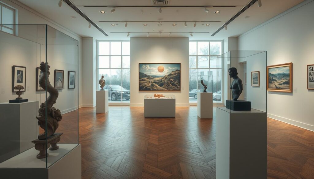 A tranquil art gallery space dedicated to surrealist exhibitions, emphasizing conservation techniques for fragile materials. In the foreground, intricate mounts support delicate sculptures and art pieces, showcasing glass barriers that reflect soft light. The middle ground features an elegantly arranged display with soft, diffused lighting illuminating artwork that challenges perception—elegant surrealist paintings merging dreamlike landscapes with abstract forms. In the background, large windows allow natural light to filter softly, creating a serene atmosphere, while antique wooden floors add warmth. The mood is contemplative, inviting viewers to engage with the delicate balance of art preservation and surreal artistry, reflecting a harmonious blend of professionalism and creativity. A wide-angle perspective captures the entire gallery, enhancing the immersive experience without any captions or overlays. A tranquil art gallery space dedicated to surrealist exhibitions, emphasizing conservation techniques for fragile materials. In the foreground, intricate mounts support delicate sculptures and art pieces, showcasing glass barriers that reflect soft light. The middle ground features an elegantly arranged display with soft, diffused lighting illuminating artwork that challenges perception—elegant surrealist paintings merging dreamlike landscapes with abstract forms. In the background, large windows allow natural light to filter softly, creating a serene atmosphere, while antique wooden floors add warmth. The mood is contemplative, inviting viewers to engage with the delicate balance of art preservation and surreal artistry, reflecting a harmonious blend of professionalism and creativity. A wide-angle perspective captures the entire gallery, enhancing the immersive experience without any captions or overlays.