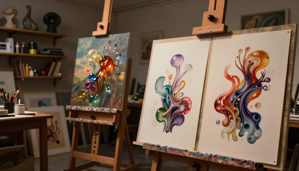 A veristic surrealism scene showcasing an artist's studio, with precise drawings displayed prominently in the foreground. The drawings feature hyper-realistic depictions of organic forms intertwined with dreamlike elements. In the middle ground, a large easel stands under soft, warm lighting, while delicate glass glazing techniques enhance the colors of the artwork, creating a vibrant interplay of light. The background reveals shelves filled with art supplies and abstract sculptures, contributing to the surreal atmosphere. The room is dimly lit, with a single spotlight illuminating the drawings, casting subtle shadows that add depth. The overall mood is contemplative and creative, inviting viewers to explore the intersection of realism and surrealism in art. A veristic surrealism scene showcasing an artist's studio, with precise drawings displayed prominently in the foreground. The drawings feature hyper-realistic depictions of organic forms intertwined with dreamlike elements. In the middle ground, a large easel stands under soft, warm lighting, while delicate glass glazing techniques enhance the colors of the artwork, creating a vibrant interplay of light. The background reveals shelves filled with art supplies and abstract sculptures, contributing to the surreal atmosphere. The room is dimly lit, with a single spotlight illuminating the drawings, casting subtle shadows that add depth. The overall mood is contemplative and creative, inviting viewers to explore the intersection of realism and surrealism in art.