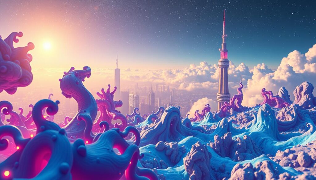 A vibrant, AI-generated surreal landscape blending dreamlike aesthetics with hyperrealistic elements. In the foreground, feature intricate, glitchy digital sculptures morphing into organic shapes, subtly illuminated by bioluminescent patterns. The middle ground presents a surreal cityscape with towering structures melting into fluid forms, creating a sense of instability. In the background, a starry void merges with pixelated clouds, casting a captivating glow throughout the scene. Employ a soft focus with a wide-angle lens effect to enhance depth. The overall mood should evoke a sense of wonder and curiosity, reflecting the blending of artistic imagination and technology in a digital dreamscape. Aim for a harmonious color palette of vibrant blues and iridescent purples, complemented by hints of golden light. A vibrant, AI-generated surreal landscape blending dreamlike aesthetics with hyperrealistic elements. In the foreground, feature intricate, glitchy digital sculptures morphing into organic shapes, subtly illuminated by bioluminescent patterns. The middle ground presents a surreal cityscape with towering structures melting into fluid forms, creating a sense of instability. In the background, a starry void merges with pixelated clouds, casting a captivating glow throughout the scene. Employ a soft focus with a wide-angle lens effect to enhance depth. The overall mood should evoke a sense of wonder and curiosity, reflecting the blending of artistic imagination and technology in a digital dreamscape. Aim for a harmonious color palette of vibrant blues and iridescent purples, complemented by hints of golden light.