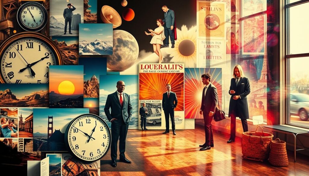 A vibrant and intricate photomontage exploring the themes of surrealism in photography. In the foreground, a collection of overlapping images featuring classic surrealist elements such as distorted clocks, dream-like landscapes, and ethereal figures dressed in professional business attire. In the middle section, incorporate a collage of iconic magazine covers from the surrealism movement, showcasing solarization effects and abstract rayographs. The background should be a soft-focus blend of colors reminiscent of early 20th-century photography, infused with hints of light leaks and textures. Utilize a warm, diffused natural light to create a dreamlike atmosphere, evoking a sense of nostalgia and curiosity. Aim for a visually engaging composition that captures the essence of photographic surrealism and its cultural impact. A vibrant and intricate photomontage exploring the themes of surrealism in photography. In the foreground, a collection of overlapping images featuring classic surrealist elements such as distorted clocks, dream-like landscapes, and ethereal figures dressed in professional business attire. In the middle section, incorporate a collage of iconic magazine covers from the surrealism movement, showcasing solarization effects and abstract rayographs. The background should be a soft-focus blend of colors reminiscent of early 20th-century photography, infused with hints of light leaks and textures. Utilize a warm, diffused natural light to create a dreamlike atmosphere, evoking a sense of nostalgia and curiosity. Aim for a visually engaging composition that captures the essence of photographic surrealism and its cultural impact.