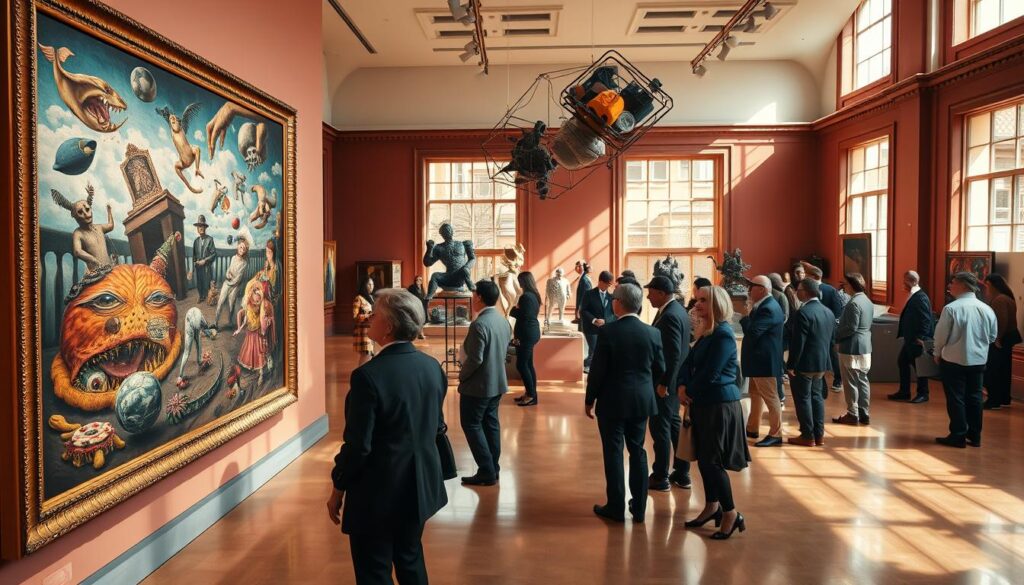 A vibrant art gallery scene showcasing British Surrealism, featuring a diverse group of visitors, all dressed in professional business attire as they explore the intricately arranged artworks. In the foreground, a striking surrealist painting dominates the scene, with dreamlike imagery and bold colors that challenge perceptions of reality. The middle section captures a mix of sculptures and unexpected installations, seamlessly integrated within the museum's elegant architecture. In the background, large windows filter warm natural light, creating an inviting atmosphere that enhances the surrealist experience. Soft shadows play on the walls, and the floor is polished to a high shine, reflecting the visitors’ curiosity. The overall mood is one of wonder and exploration, inviting the audience to immerse themselves in the enchanting world of British Surrealism. A vibrant art gallery scene showcasing British Surrealism, featuring a diverse group of visitors, all dressed in professional business attire as they explore the intricately arranged artworks. In the foreground, a striking surrealist painting dominates the scene, with dreamlike imagery and bold colors that challenge perceptions of reality. The middle section captures a mix of sculptures and unexpected installations, seamlessly integrated within the museum's elegant architecture. In the background, large windows filter warm natural light, creating an inviting atmosphere that enhances the surrealist experience. Soft shadows play on the walls, and the floor is polished to a high shine, reflecting the visitors’ curiosity. The overall mood is one of wonder and exploration, inviting the audience to immerse themselves in the enchanting world of British Surrealism.
