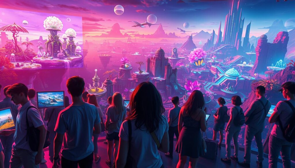 A vibrant gaming aesthetic scene depicting a fantastical concept art world that blends dream logic and immersive environments. In the foreground, a diverse group of individuals, dressed in stylish casual attire, are captivated by holographic screens displaying colorful, surreal landscapes and whimsical characters. The middle ground features a sprawling landscape, filled with floating islands, ethereal creatures, and glowing flora, while an abstract cityscape rises in the background, bathed in neon lights and a twilight glow. Utilize dynamic lighting that emphasizes the interplay between shadow and color, creating a sense of depth. The atmosphere should evoke wonder and curiosity, inviting the viewer into a captivating, imaginative realm where gaming and artistry collide. The perspective is slightly elevated, giving a sweeping view of this enchanting world. A vibrant gaming aesthetic scene depicting a fantastical concept art world that blends dream logic and immersive environments. In the foreground, a diverse group of individuals, dressed in stylish casual attire, are captivated by holographic screens displaying colorful, surreal landscapes and whimsical characters. The middle ground features a sprawling landscape, filled with floating islands, ethereal creatures, and glowing flora, while an abstract cityscape rises in the background, bathed in neon lights and a twilight glow. Utilize dynamic lighting that emphasizes the interplay between shadow and color, creating a sense of depth. The atmosphere should evoke wonder and curiosity, inviting the viewer into a captivating, imaginative realm where gaming and artistry collide. The perspective is slightly elevated, giving a sweeping view of this enchanting world.