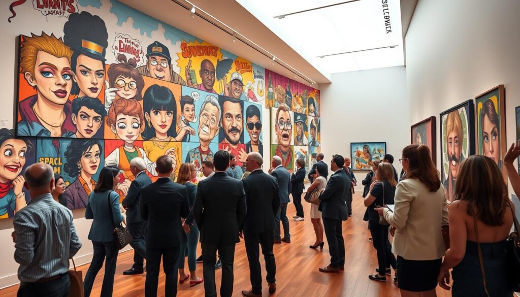 A vibrant lowbrow art scene unfolds inside a modern art museum gallery. In the foreground, a group of diverse visitors, dressed in professional business attire, eagerly examines playful and exaggerated artworks that blend pop culture elements and surreal themes. The middle ground features a colorful wall filled with oversized, cartoonish paintings depicting iconic figures from memes and movies, interspersed with graffiti-style elements. In the background, high ceilings and sleek lighting create a contemporary atmosphere, while shadows dance along the polished wooden floor. The lighting is bright yet soft, highlighting the art's textures and colors. The mood is lively and engaging, capturing the essence of how lowbrow art sparks dialogue about cultural controversies and institutional embraces in the art world. A vibrant lowbrow art scene unfolds inside a modern art museum gallery. In the foreground, a group of diverse visitors, dressed in professional business attire, eagerly examines playful and exaggerated artworks that blend pop culture elements and surreal themes. The middle ground features a colorful wall filled with oversized, cartoonish paintings depicting iconic figures from memes and movies, interspersed with graffiti-style elements. In the background, high ceilings and sleek lighting create a contemporary atmosphere, while shadows dance along the polished wooden floor. The lighting is bright yet soft, highlighting the art's textures and colors. The mood is lively and engaging, capturing the essence of how lowbrow art sparks dialogue about cultural controversies and institutional embraces in the art world.
