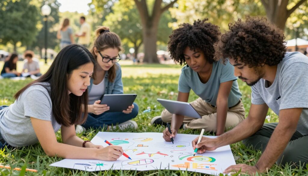 A vibrant outdoor scene depicting a diverse group of five individuals engaging in collaborative exercises. In the foreground, a woman of Asian descent and a man with curly hair are brainstorming on a large sheet of paper spread on the grass, their expressions focused and engaged. The middle ground features two individuals, one wearing glasses and the other with an afro, using digital tablets to illustrate their ideas, while a young black woman adds colorful markers to their visual creation. The background showcases a sunny park with trees and people enjoying the day, creating an inviting atmosphere. Soft, natural lighting illuminates the group, enhancing a sense of creativity and inclusivity. The composition is captured from a slightly elevated angle to highlight the interactive dynamics among the participants. A vibrant outdoor scene depicting a diverse group of five individuals engaging in collaborative exercises. In the foreground, a woman of Asian descent and a man with curly hair are brainstorming on a large sheet of paper spread on the grass, their expressions focused and engaged. The middle ground features two individuals, one wearing glasses and the other with an afro, using digital tablets to illustrate their ideas, while a young black woman adds colorful markers to their visual creation. The background showcases a sunny park with trees and people enjoying the day, creating an inviting atmosphere. Soft, natural lighting illuminates the group, enhancing a sense of creativity and inclusivity. The composition is captured from a slightly elevated angle to highlight the interactive dynamics among the participants.
