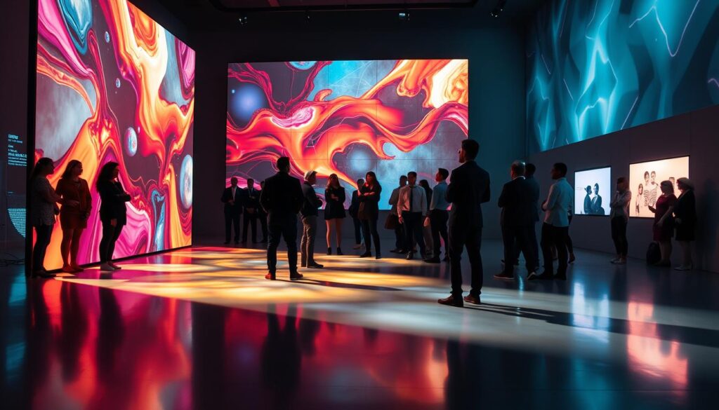 A vibrant scene portraying a contemporary video art installation within a dimly lit, immersive gallery space. In the foreground, a large, abstract digital screen displays vivid, algorithmically-generated visuals that blend surreal imagery and fluid motion. Subtle reflections of light dance across sleek, polished floors. The middle ground features an engaged audience of diverse individuals in professional attire, marveling at the installation while shadows of their figures elongate, adding to the intrigue. In the background, soft ambient lighting enhances the gallery's modern architecture, with hints of futuristic elements like holographic displays and soft, digital textures on the walls. The atmosphere evokes a sense of wonder and exploration, highlighting the intersection of technology and art in immersive VR experiences. A vibrant scene portraying a contemporary video art installation within a dimly lit, immersive gallery space. In the foreground, a large, abstract digital screen displays vivid, algorithmically-generated visuals that blend surreal imagery and fluid motion. Subtle reflections of light dance across sleek, polished floors. The middle ground features an engaged audience of diverse individuals in professional attire, marveling at the installation while shadows of their figures elongate, adding to the intrigue. In the background, soft ambient lighting enhances the gallery's modern architecture, with hints of futuristic elements like holographic displays and soft, digital textures on the walls. The atmosphere evokes a sense of wonder and exploration, highlighting the intersection of technology and art in immersive VR experiences.