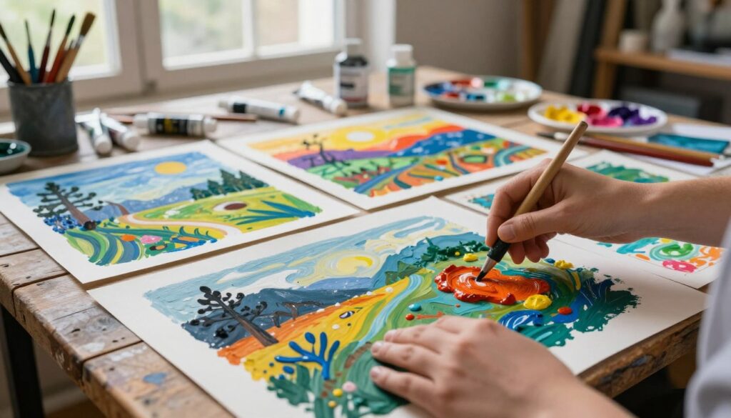 A vibrant studio scene illustrating the gouache transfer press and lift technique, showcasing a variety of colorful, abstract landscapes formed through this process. In the foreground, a close-up of an artist’s hands actively engaging with a textured surface, where rich blobs of gouache paint are being pressed onto paper, creating intricate designs. The middle ground features a vivid array of painted sheets displaying the results of the technique, with swirling patterns and layered colors. The background includes soft, diffuse lighting filtering through large windows, illuminating the creative chaos of paint tubes, brushes, and palettes scattered across a rustic wooden table. The atmosphere is dynamic and experimental, emphasizing the blend of artistic chance and intentionality in a surrealist context. A vibrant studio scene illustrating the gouache transfer press and lift technique, showcasing a variety of colorful, abstract landscapes formed through this process. In the foreground, a close-up of an artist’s hands actively engaging with a textured surface, where rich blobs of gouache paint are being pressed onto paper, creating intricate designs. The middle ground features a vivid array of painted sheets displaying the results of the technique, with swirling patterns and layered colors. The background includes soft, diffuse lighting filtering through large windows, illuminating the creative chaos of paint tubes, brushes, and palettes scattered across a rustic wooden table. The atmosphere is dynamic and experimental, emphasizing the blend of artistic chance and intentionality in a surrealist context.