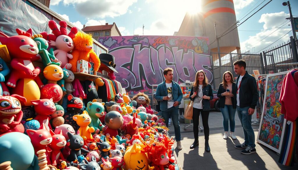 A vibrant surreal scene in a lively urban setting, showcasing a collection of pop surrealist items like quirky toys, stylish apparel, and art prints. In the foreground, a neatly arranged market stall displays colorful, oversized toys resembling whimsical creatures, alongside fashionable clothing items adorned with surreal motifs. The middle ground features collectors enthusiastically discussing their favorite pieces, dressed in trendy, modest casual attire. The background showcases a playful mural blending classic surreal elements with splashy graffiti, under a bright, dreamy sky illuminated by soft golden sunlight. The atmosphere is energetic and inviting, capturing the essence of the pop surreal movement and its accessibility in everyday culture. Use a wide-angle lens to emphasize depth and create a vibrant, dynamic composition. A vibrant surreal scene in a lively urban setting, showcasing a collection of pop surrealist items like quirky toys, stylish apparel, and art prints. In the foreground, a neatly arranged market stall displays colorful, oversized toys resembling whimsical creatures, alongside fashionable clothing items adorned with surreal motifs. The middle ground features collectors enthusiastically discussing their favorite pieces, dressed in trendy, modest casual attire. The background showcases a playful mural blending classic surreal elements with splashy graffiti, under a bright, dreamy sky illuminated by soft golden sunlight. The atmosphere is energetic and inviting, capturing the essence of the pop surreal movement and its accessibility in everyday culture. Use a wide-angle lens to emphasize depth and create a vibrant, dynamic composition.