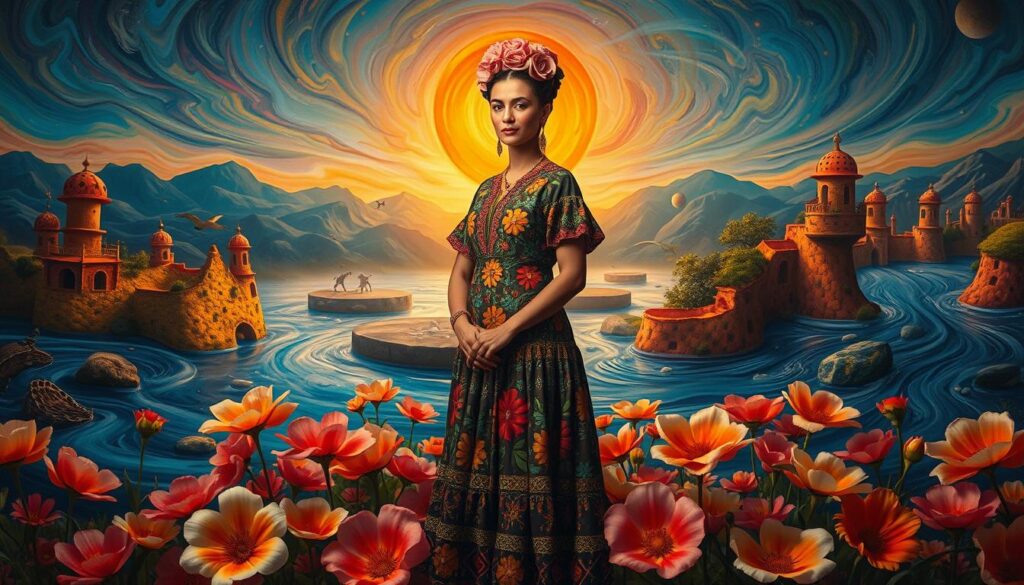 A vibrant, surrealist scene inspired by Latin American artistry, combining elements from Frida Kahlo, Remedios Varo, and Leonora Carrington. In the foreground, an ethereal figure resembling Kahlo stands confidently amidst blooming Cempasúchil flowers, wearing a traditional Mexican dress adorned with symbolic patterns representing identity and culture. In the middle ground, dreamlike landscapes merge, featuring whimsical architecture and flowing water infused with rich colors, symbolizing fluidity and transformation. The background reveals a twilight sky swirling with deep blues and purples, casting soft, warm light on the scene. The overall mood is introspective and mystical, embodying themes of body politics and national modernity through surreal elements, with a focus on femininity and strength. The image should be artistically composed to evoke a sense of timelessness and depth. A vibrant, surrealist scene inspired by Latin American artistry, combining elements from Frida Kahlo, Remedios Varo, and Leonora Carrington. In the foreground, an ethereal figure resembling Kahlo stands confidently amidst blooming Cempasúchil flowers, wearing a traditional Mexican dress adorned with symbolic patterns representing identity and culture. In the middle ground, dreamlike landscapes merge, featuring whimsical architecture and flowing water infused with rich colors, symbolizing fluidity and transformation. The background reveals a twilight sky swirling with deep blues and purples, casting soft, warm light on the scene. The overall mood is introspective and mystical, embodying themes of body politics and national modernity through surreal elements, with a focus on femininity and strength. The image should be artistically composed to evoke a sense of timelessness and depth.