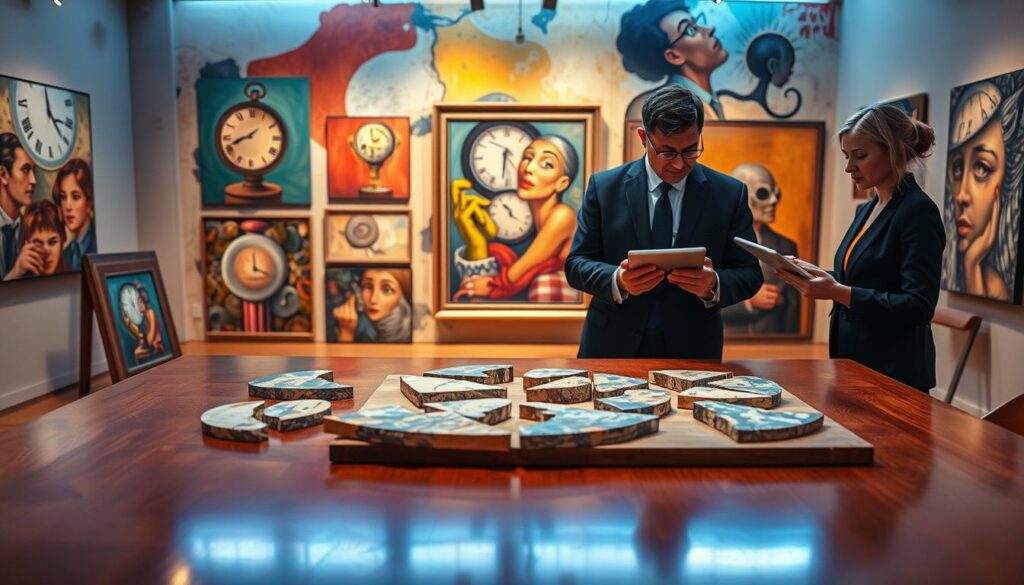 A visually captivating scene showcasing "fractional ownership in art investment." In the foreground, a polished wooden table displays fragments of famous surrealist artworks being appraised by two professional individuals in smart business attire, analyzing virtual investment portfolios on tablets. In the middle ground, a vibrant, abstract gallery space filled with surrealist paintings that visually represent the concept of fractional ownership, including playful imagery like melting clocks and distorted faces. In the background, warm ambient lighting casts soft shadows, enhancing the dreamlike quality of the artworks displayed. The overall atmosphere should evoke a sense of opportunity and sophistication, representing the intersections of art, finance, and contemporary investment strategies. Use a slightly elevated angle to provide a clear view of the interaction between the individuals and the artworks, while maintaining a focus on the collaborative spirit of art investment. A visually captivating scene showcasing "fractional ownership in art investment." In the foreground, a polished wooden table displays fragments of famous surrealist artworks being appraised by two professional individuals in smart business attire, analyzing virtual investment portfolios on tablets. In the middle ground, a vibrant, abstract gallery space filled with surrealist paintings that visually represent the concept of fractional ownership, including playful imagery like melting clocks and distorted faces. In the background, warm ambient lighting casts soft shadows, enhancing the dreamlike quality of the artworks displayed. The overall atmosphere should evoke a sense of opportunity and sophistication, representing the intersections of art, finance, and contemporary investment strategies. Use a slightly elevated angle to provide a clear view of the interaction between the individuals and the artworks, while maintaining a focus on the collaborative spirit of art investment.