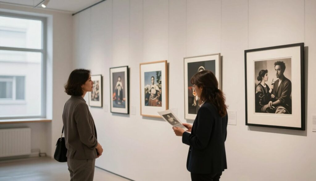 A well-lit art gallery setting showcasing a variety of matted and framed prints on display, emphasizing conservation methods for photography. In the foreground, a professional curator in business attire carefully examines a solarized print, noting its delicate features. The middle ground features a selection of prints mounted with archival materials, representing various surrealist photography techniques like montage and rayographs. The background showcases a clean, minimalist design with soft, diffused natural lighting filtering through large windows, casting gentle shadows across the space. The atmosphere is contemplative and educational, inviting viewers to appreciate the craftsmanship and preservation of these artistic works, while creating a serene environment conducive for a conservation presentation.