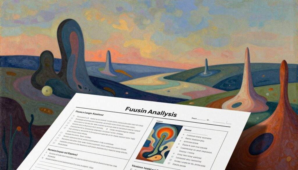 An abstract surrealism analysis worksheet depicted on a textured canvas background with vivid colors and organic shapes. In the foreground, a detailed and intricate analysis sheet with sections and boxes filled artfully with biomorphic and veristic designs. The middle layer features flowing forms and shapes that resemble dream-like landscapes, merging seamlessly into one another. The background is a soft gradient, transitioning between warm and cool tones, creating a harmonious atmosphere. Natural light highlights specific areas of the worksheet, casting gentle shadows that enhance depth. The overall mood is contemplative and artistic, inviting viewers to explore the complexities of surrealism through this innovative analysis tool. No text or captions are included. An abstract surrealism analysis worksheet depicted on a textured canvas background with vivid colors and organic shapes. In the foreground, a detailed and intricate analysis sheet with sections and boxes filled artfully with biomorphic and veristic designs. The middle layer features flowing forms and shapes that resemble dream-like landscapes, merging seamlessly into one another. The background is a soft gradient, transitioning between warm and cool tones, creating a harmonious atmosphere. Natural light highlights specific areas of the worksheet, casting gentle shadows that enhance depth. The overall mood is contemplative and artistic, inviting viewers to explore the complexities of surrealism through this innovative analysis tool. No text or captions are included.