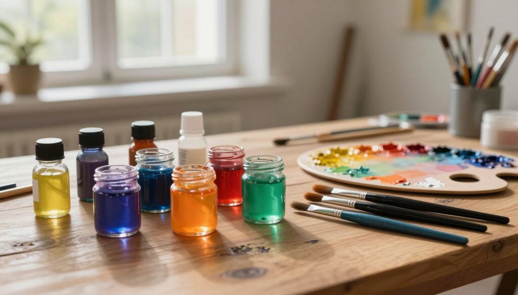An elegant array of oil painting glazing materials and brushes artfully arranged on a wooden table. In the foreground, various glass jars filled with vibrant, translucent oils and mediums reflect light, lending a luminous quality to the scene. Scattered around are an assortment of high-quality brushes, each unique in size and shape, with bristles delicately coated in colorful pigments. The middle ground showcases a pristine palette, smeared with a spectrum of colors. In the background, a softly lit, airy studio space with large windows filters in natural light, enhancing the atmosphere of creativity. The composition captures a sense of artistic exploration, emphasizing the importance of safety and proper materials in the painting process. An elegant array of oil painting glazing materials and brushes artfully arranged on a wooden table. In the foreground, various glass jars filled with vibrant, translucent oils and mediums reflect light, lending a luminous quality to the scene. Scattered around are an assortment of high-quality brushes, each unique in size and shape, with bristles delicately coated in colorful pigments. The middle ground showcases a pristine palette, smeared with a spectrum of colors. In the background, a softly lit, airy studio space with large windows filters in natural light, enhancing the atmosphere of creativity. The composition captures a sense of artistic exploration, emphasizing the importance of safety and proper materials in the painting process.