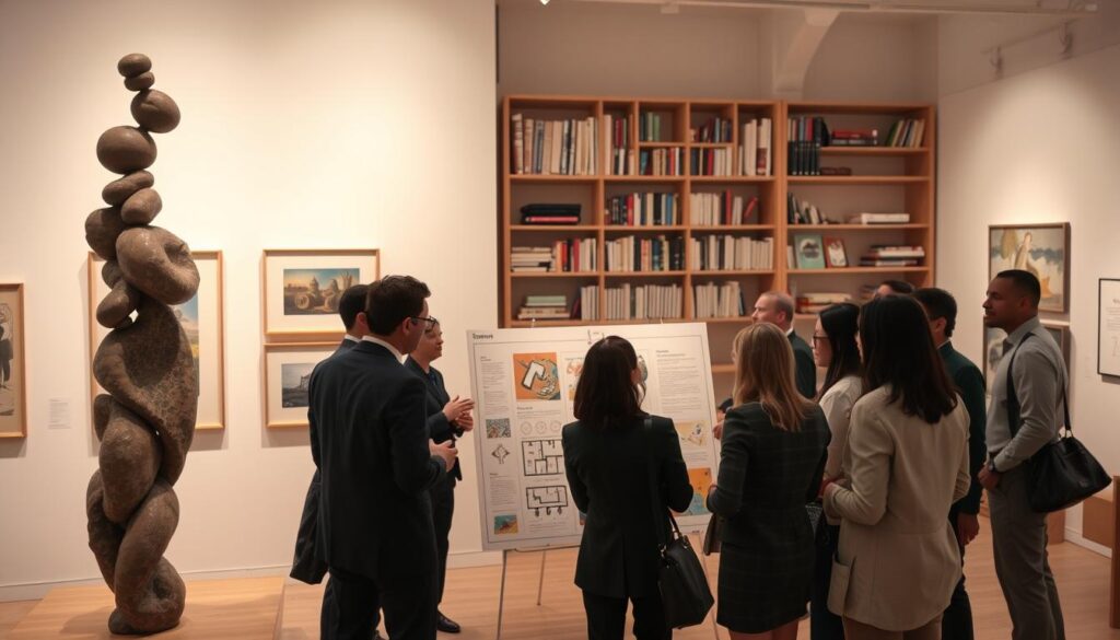 In a contemporary art gallery bathed in soft, diffused lighting, a diverse group of professionals in business attire is engaged in deep conversation about curating a surrealist exhibition. In the foreground, a large, unusual sculpture towers, blending abstract forms and dreamlike elements. The middle ground features exhibition boards showcasing whimsical artwork and a charming floor plan layout, hinting at the thematic organization of the show. In the background, shelves filled with art books and documents on loans, licenses, and budgets create an atmosphere of focused collaboration. The overall mood is one of creativity, professionalism, and heightened anticipation, evoking the surreal nature of the exhibition concept. Capture this scene from a slightly elevated angle to highlight the dynamic interactions among the curators. In a contemporary art gallery bathed in soft, diffused lighting, a diverse group of professionals in business attire is engaged in deep conversation about curating a surrealist exhibition. In the foreground, a large, unusual sculpture towers, blending abstract forms and dreamlike elements. The middle ground features exhibition boards showcasing whimsical artwork and a charming floor plan layout, hinting at the thematic organization of the show. In the background, shelves filled with art books and documents on loans, licenses, and budgets create an atmosphere of focused collaboration. The overall mood is one of creativity, professionalism, and heightened anticipation, evoking the surreal nature of the exhibition concept. Capture this scene from a slightly elevated angle to highlight the dynamic interactions among the curators.