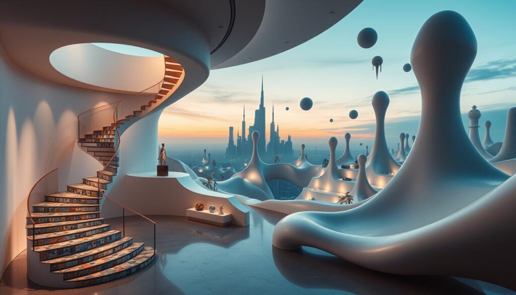 Surrealism architecture design featuring a dreamlike exhibition space, where curatorial elements merge with sculptural forms. In the foreground, a winding staircase spirals impossibly into the ceiling, adorned with colorful mosaics and abstract sculptures. The middle ground hosts ethereal walls that bend and flow like soft fabric, reflecting ambient light in hues of blue and gold. In the background, a surreal skyline of melting towers and floating elements stretches beneath a twilight sky, illuminated by soft, diffused lighting that casts whimsical shadows. The composition is shot from a slight low angle, creating a sense of depth and inviting exploration. The atmosphere evokes an otherworldly, contemplative mood, embodying dream logic through imaginative and fluid design. Surrealism architecture design featuring a dreamlike exhibition space, where curatorial elements merge with sculptural forms. In the foreground, a winding staircase spirals impossibly into the ceiling, adorned with colorful mosaics and abstract sculptures. The middle ground hosts ethereal walls that bend and flow like soft fabric, reflecting ambient light in hues of blue and gold. In the background, a surreal skyline of melting towers and floating elements stretches beneath a twilight sky, illuminated by soft, diffused lighting that casts whimsical shadows. The composition is shot from a slight low angle, creating a sense of depth and inviting exploration. The atmosphere evokes an otherworldly, contemplative mood, embodying dream logic through imaginative and fluid design.