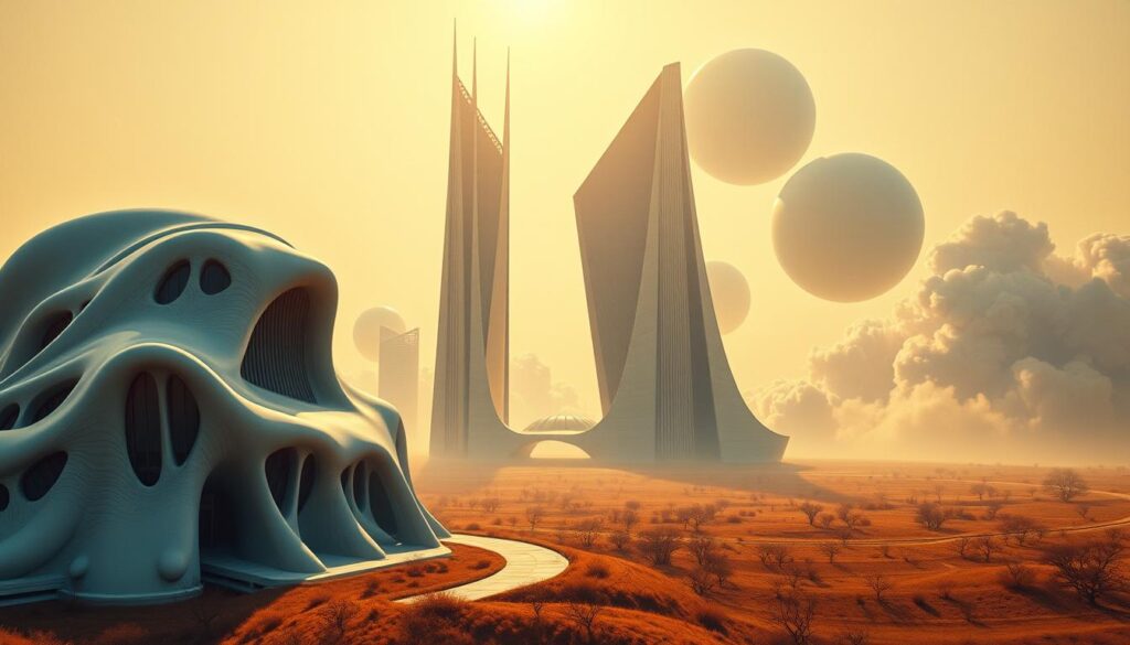 Surrealist architectural design in a postwar context, featuring futuristic structures with distorted geometry and organic forms. The foreground includes a striking building with curved, flowing lines resembling melting shapes, while the middle ground showcases a juxtaposition of angular, asymmetrical skyscrapers inspired by Archigram's speculative paper architecture. The background features a dreamlike landscape with giant, floating geometric shapes and soft, swirling clouds. Warm, ethereal lighting bathes the scene in a golden hue, creating a sense of otherworldliness. The viewpoint is slightly elevated, capturing the entire composition with a wide-angle lens. The atmosphere is imaginative and thought-provoking, evoking a dreamlike quality that challenges perceptions of space and design. Surrealist architectural design in a postwar context, featuring futuristic structures with distorted geometry and organic forms. The foreground includes a striking building with curved, flowing lines resembling melting shapes, while the middle ground showcases a juxtaposition of angular, asymmetrical skyscrapers inspired by Archigram's speculative paper architecture. The background features a dreamlike landscape with giant, floating geometric shapes and soft, swirling clouds. Warm, ethereal lighting bathes the scene in a golden hue, creating a sense of otherworldliness. The viewpoint is slightly elevated, capturing the entire composition with a wide-angle lens. The atmosphere is imaginative and thought-provoking, evoking a dreamlike quality that challenges perceptions of space and design.