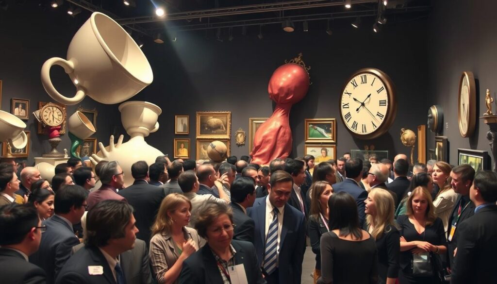 A chaotic art gallery scene filled with surreal and absurd artworks, featuring oversized sculptures of ordinary objects, such as a giant teacup and a melting clock, distorted and humorously exaggerated. In the foreground, a diverse group of spectators in professional attire, such as business suits and modest casual clothing, engage in animated discussions, some looking bewildered and others amused. The middle ground showcases controversial pieces hanging on the gallery walls, provoking mixed reactions. In the background, a spotlight shines down, casting dramatic shadows that enhance the surreal atmosphere. The lighting is bright yet slightly surreal, emphasizing the oddity of the art while maintaining a captivating and thought-provoking mood. A chaotic art gallery scene filled with surreal and absurd artworks, featuring oversized sculptures of ordinary objects, such as a giant teacup and a melting clock, distorted and humorously exaggerated. In the foreground, a diverse group of spectators in professional attire, such as business suits and modest casual clothing, engage in animated discussions, some looking bewildered and others amused. The middle ground showcases controversial pieces hanging on the gallery walls, provoking mixed reactions. In the background, a spotlight shines down, casting dramatic shadows that enhance the surreal atmosphere. The lighting is bright yet slightly surreal, emphasizing the oddity of the art while maintaining a captivating and thought-provoking mood.