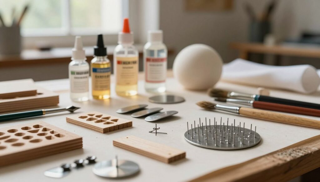 A detailed still life composition focusing on assemblage techniques related to drilling adhesives. In the foreground, a collage of various materials reveals a close-up view of drilled wooden pieces and pinned metal objects, showcasing precise drilling and intricate pinning techniques. The middle ground features clear bottles of epoxy resin and soft sculpture coverings, artistically arranged with brushes and tools for application. The background is a softly blurred workshop setting, with natural light filtering through windows, casting gentle shadows. The atmosphere is creative and inspiring, emphasizing craftsmanship. Use a shallow depth of field to highlight the foreground details while maintaining an organic, warm color palette to evoke a sense of artistic exploration. A detailed still life composition focusing on assemblage techniques related to drilling adhesives. In the foreground, a collage of various materials reveals a close-up view of drilled wooden pieces and pinned metal objects, showcasing precise drilling and intricate pinning techniques. The middle ground features clear bottles of epoxy resin and soft sculpture coverings, artistically arranged with brushes and tools for application. The background is a softly blurred workshop setting, with natural light filtering through windows, casting gentle shadows. The atmosphere is creative and inspiring, emphasizing craftsmanship. Use a shallow depth of field to highlight the foreground details while maintaining an organic, warm color palette to evoke a sense of artistic exploration.