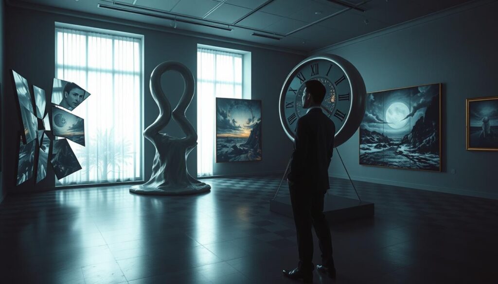 A dimly lit gallery space showcasing a surrealism exhibition. In the foreground, a solitary figure in business attire stares thoughtfully at a large, melting clock sculpture. The middle ground features fragmented mirrors reflecting distorted images, with abstract paintings depicting vivid dreamscapes of chaos and tranquility. In the background, softly glowing light-filtered windows provide an ethereal ambiance, casting elongated shadows across checkerboard flooring. The atmosphere is haunting yet contemplative, evoking emotions tied to trauma and surreal experiences. A wide-angle lens captures the depth of the gallery, emphasizing the juxtaposition of the observer and the surreal art pieces. The overall mood blends curiosity and unease, inviting viewers to explore their own subconscious. A dimly lit gallery space showcasing a surrealism exhibition. In the foreground, a solitary figure in business attire stares thoughtfully at a large, melting clock sculpture. The middle ground features fragmented mirrors reflecting distorted images, with abstract paintings depicting vivid dreamscapes of chaos and tranquility. In the background, softly glowing light-filtered windows provide an ethereal ambiance, casting elongated shadows across checkerboard flooring. The atmosphere is haunting yet contemplative, evoking emotions tied to trauma and surreal experiences. A wide-angle lens captures the depth of the gallery, emphasizing the juxtaposition of the observer and the surreal art pieces. The overall mood blends curiosity and unease, inviting viewers to explore their own subconscious.