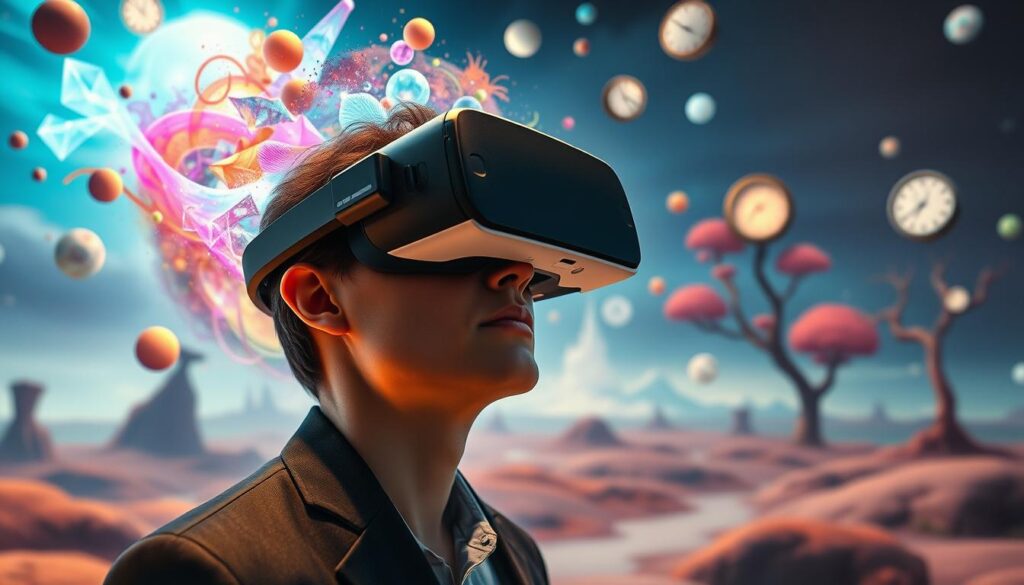 A surreal and immersive virtual reality experience depicting the unconscious mind through digital art. In the foreground, a user is seen wearing a sleek VR headset, their expression one of awe and deep concentration, clad in a professional outfit. The middle ground features vibrant, abstract shapes and colors swirling around the user, representing thoughts and dreams blending together. In the background, an ethereal landscape emerges, filled with floating geometric forms and dreamlike elements like distorted clocks and whimsical trees, all bathed in soft, ambient light. The atmosphere should evoke a sense of wonder and exploration, reminiscent of a digital exhibition exploring the depths of human consciousness. Use a wide-angle lens to capture the expansive scene, emphasizing depth and immersion in this vibrant, surreal world. A surreal and immersive virtual reality experience depicting the unconscious mind through digital art. In the foreground, a user is seen wearing a sleek VR headset, their expression one of awe and deep concentration, clad in a professional outfit. The middle ground features vibrant, abstract shapes and colors swirling around the user, representing thoughts and dreams blending together. In the background, an ethereal landscape emerges, filled with floating geometric forms and dreamlike elements like distorted clocks and whimsical trees, all bathed in soft, ambient light. The atmosphere should evoke a sense of wonder and exploration, reminiscent of a digital exhibition exploring the depths of human consciousness. Use a wide-angle lens to capture the expansive scene, emphasizing depth and immersion in this vibrant, surreal world.