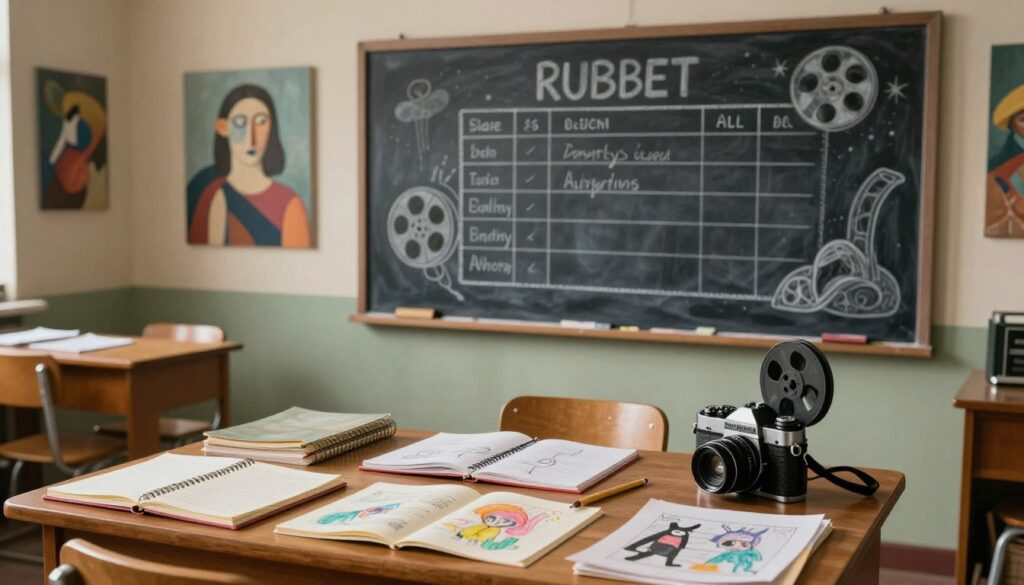A surreal classroom setting designed for a short film assignment. In the foreground, an artistic wooden desk is cluttered with notebooks, a vintage film camera, and colorful sketches of film scenes. In the middle ground, a chalkboard displays a creatively illustrated rubric featuring grading criteria, with surreal, dream-like elements such as floating film reels and exaggerated shapes. The background showcases abstract art pieces inspired by famous surrealist works, with soft, ethereal lighting casting gentle shadows. The atmosphere is imaginative and whimsical, inviting viewers to explore the depth of creativity. Use a slightly elevated angle to capture the essence of the space while maintaining a focused composition. The overall mood is playful yet contemplative, embodying the spirit of surrealist film exploration. A surreal classroom setting designed for a short film assignment. In the foreground, an artistic wooden desk is cluttered with notebooks, a vintage film camera, and colorful sketches of film scenes. In the middle ground, a chalkboard displays a creatively illustrated rubric featuring grading criteria, with surreal, dream-like elements such as floating film reels and exaggerated shapes. The background showcases abstract art pieces inspired by famous surrealist works, with soft, ethereal lighting casting gentle shadows. The atmosphere is imaginative and whimsical, inviting viewers to explore the depth of creativity. Use a slightly elevated angle to capture the essence of the space while maintaining a focused composition. The overall mood is playful yet contemplative, embodying the spirit of surrealist film exploration.
