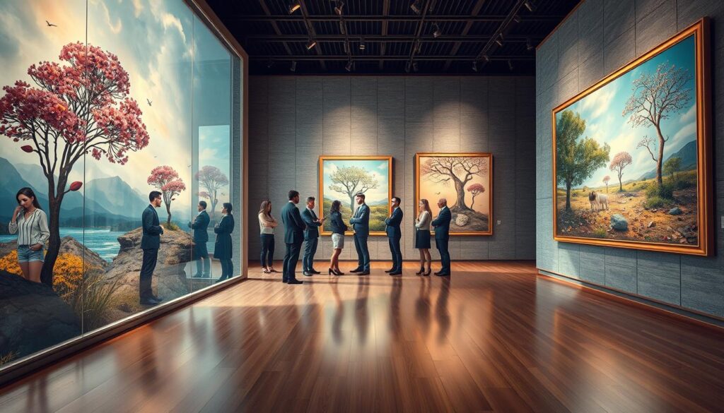 A surreal gallery interior showcasing natural symbolism, with elegantly framed artworks depicting dreamlike landscapes intertwined with elements of gender representation. In the foreground, a polished wooden floor reflects soft, ambient light that filters through large, abstract glass windows, casting colorful reflections. The middle ground features diverse figures in professional attire, thoughtfully discussing various pieces, their expressions blending curiosity and wonder. In the background, bold, oversized paintings hang on textured walls, depicting nature juxtaposed with surreal, gender-inspired imagery—like flowers transforming into human forms and trees morphing into figures. The atmosphere is contemplative and introspective, with a warm yet ethereal glow illuminating the space, inviting viewers to explore the depths of the subconscious mind and its relationship with gender in art. A surreal gallery interior showcasing natural symbolism, with elegantly framed artworks depicting dreamlike landscapes intertwined with elements of gender representation. In the foreground, a polished wooden floor reflects soft, ambient light that filters through large, abstract glass windows, casting colorful reflections. The middle ground features diverse figures in professional attire, thoughtfully discussing various pieces, their expressions blending curiosity and wonder. In the background, bold, oversized paintings hang on textured walls, depicting nature juxtaposed with surreal, gender-inspired imagery—like flowers transforming into human forms and trees morphing into figures. The atmosphere is contemplative and introspective, with a warm yet ethereal glow illuminating the space, inviting viewers to explore the depths of the subconscious mind and its relationship with gender in art.