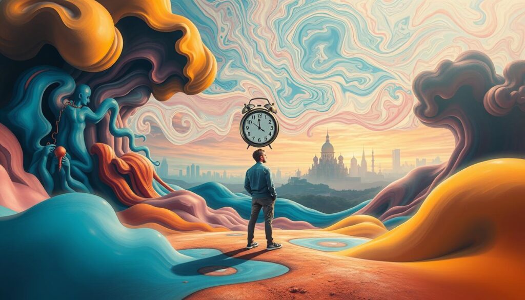 A surreal landscape illustrating the evolution of unconscious art, featuring a dream-like scene where vibrant colors blend and intertwine. In the foreground, abstract shapes morph into recognizable objects, symbolizing the transition from surrealism to contemporary art. Midway, a figure dressed in modest casual clothing stands pensively, contemplating a melting clock, embodying the theme of time and consciousness. The background showcases a fluid sky painted with swirling patterns and faint silhouettes of eclectic cityscapes, suggesting a blend of past and present. Soft, ethereal lighting casts an otherworldly glow, enhancing the mood of introspection and creativity, as if inviting viewers to explore the depths of their minds. Use a wide-angle perspective to capture the immersive quality of this evolving artistic journey. A surreal landscape illustrating the evolution of unconscious art, featuring a dream-like scene where vibrant colors blend and intertwine. In the foreground, abstract shapes morph into recognizable objects, symbolizing the transition from surrealism to contemporary art. Midway, a figure dressed in modest casual clothing stands pensively, contemplating a melting clock, embodying the theme of time and consciousness. The background showcases a fluid sky painted with swirling patterns and faint silhouettes of eclectic cityscapes, suggesting a blend of past and present. Soft, ethereal lighting casts an otherworldly glow, enhancing the mood of introspection and creativity, as if inviting viewers to explore the depths of their minds. Use a wide-angle perspective to capture the immersive quality of this evolving artistic journey.