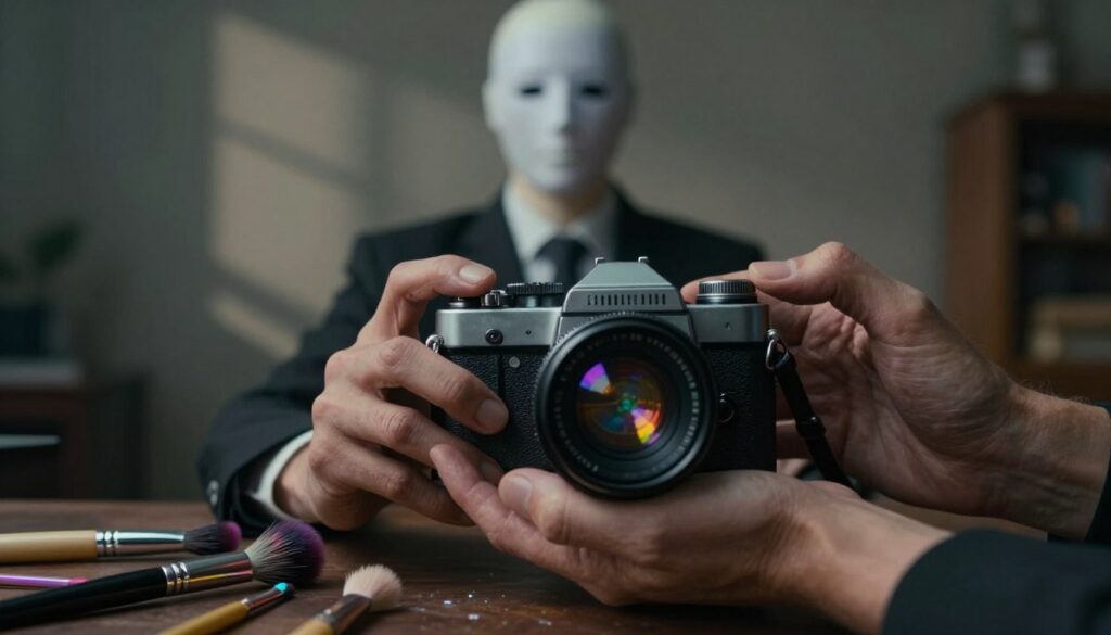 A surreal scene showcasing uncanny props that evoke the subconscious, set against a dimly lit backdrop. In the foreground, a pair of oversized, distorted hands cradles an antique camera, its lens exaggerated and reflecting a kaleidoscope of colors. Gleaming, abstract makeup brushes with unusual shapes lie scattered nearby, suggesting the blending of reality with dreams. In the middle ground, a mannequin dressed in professional business attire stands eerily still, its face obscured by a translucent mask that blurs the line between human and object. The background features softly blurred, atmospheric lighting that casts elongated shadows, creating a sense of mystery and unease. Capture this composition with a shallow depth of field to emphasize the unsettling details, enhancing the surreal, dreamlike mood. A surreal scene showcasing uncanny props that evoke the subconscious, set against a dimly lit backdrop. In the foreground, a pair of oversized, distorted hands cradles an antique camera, its lens exaggerated and reflecting a kaleidoscope of colors. Gleaming, abstract makeup brushes with unusual shapes lie scattered nearby, suggesting the blending of reality with dreams. In the middle ground, a mannequin dressed in professional business attire stands eerily still, its face obscured by a translucent mask that blurs the line between human and object. The background features softly blurred, atmospheric lighting that casts elongated shadows, creating a sense of mystery and unease. Capture this composition with a shallow depth of field to emphasize the unsettling details, enhancing the surreal, dreamlike mood.