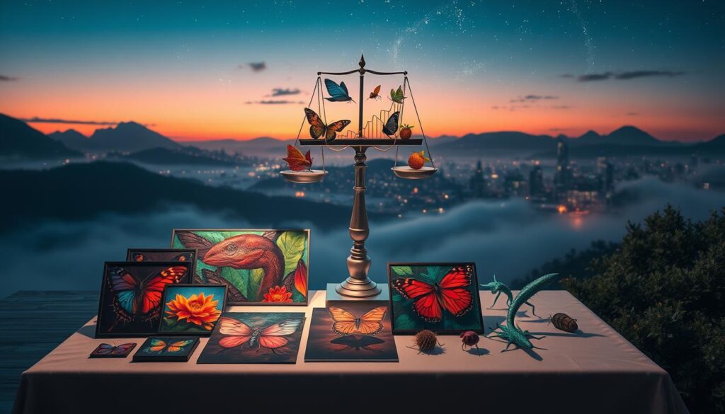 A surreal visual representation of an investment portfolio analysis set in a dreamlike landscape. In the foreground, a neatly organized table displays vibrant metamorphosis-themed art pieces, their forms evolving into various artistic styles, symbolizing growth and change. The middle ground features an abstract scale balancing financial graphs and fantastical organisms, blurring the lines between economics and creativity. The background consists of a whimsical cityscape under a twilight sky, with stars twinkling above, suggesting infinite possibilities. Soft lighting casts enchanting shadows, creating a mood of intrigue and exploration. The overall atmosphere is ethereal yet professional, inviting viewers to contemplate the relationship between art and investment. A surreal visual representation of an investment portfolio analysis set in a dreamlike landscape. In the foreground, a neatly organized table displays vibrant metamorphosis-themed art pieces, their forms evolving into various artistic styles, symbolizing growth and change. The middle ground features an abstract scale balancing financial graphs and fantastical organisms, blurring the lines between economics and creativity. The background consists of a whimsical cityscape under a twilight sky, with stars twinkling above, suggesting infinite possibilities. Soft lighting casts enchanting shadows, creating a mood of intrigue and exploration. The overall atmosphere is ethereal yet professional, inviting viewers to contemplate the relationship between art and investment.