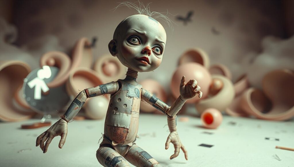 A surrealist doll inspired by Hans Bellmer, featuring exaggerated limbs and a distorted, whimsical face. The doll is positioned prominently in the foreground, striking an absurd pose that combines playfulness with a hint of unease. Its skin is a patchwork of muted colors and textures, revealing the aesthetics of destruction through frayed edges and surreal patterns. In the middle ground, a dreamlike environment filled with soft, swirling shapes and muted pastels creates a whimsical atmosphere, while hints of shattered mirrors and abstract forms hint at underlying chaos. The background fades into a misty haze, with diffused, ethereal lighting casting soft shadows. The overall mood is one of unsettling humor, blending irony with surreal beauty, captured at a slight low angle for dramatic effect. A surrealist doll inspired by Hans Bellmer, featuring exaggerated limbs and a distorted, whimsical face. The doll is positioned prominently in the foreground, striking an absurd pose that combines playfulness with a hint of unease. Its skin is a patchwork of muted colors and textures, revealing the aesthetics of destruction through frayed edges and surreal patterns. In the middle ground, a dreamlike environment filled with soft, swirling shapes and muted pastels creates a whimsical atmosphere, while hints of shattered mirrors and abstract forms hint at underlying chaos. The background fades into a misty haze, with diffused, ethereal lighting casting soft shadows. The overall mood is one of unsettling humor, blending irony with surreal beauty, captured at a slight low angle for dramatic effect.