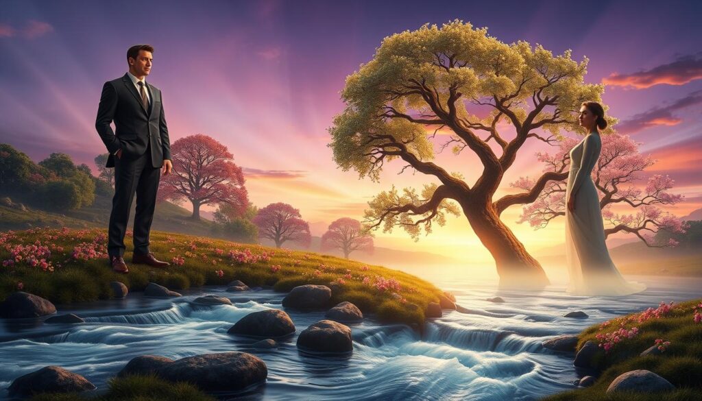 A surrealist landscape depicting the interplay of masculine and feminine archetypes in nature. In the foreground, a towering figure in a business suit symbolizes masculinity, standing confidently beside a flowing river with ethereal reflections. Next to him, a gently swirling figure in elegant, modest attire embodies femininity, surrounded by vibrant flowers and soft, ethereal light. The middle ground features dreamy tree forms intertwining, representing the balance of energies. In the background, a twilight sky painted in hues of purple and gold adds a mystical atmosphere, with soft beams of light streaming down. The overall mood is contemplative and enchanting, inviting exploration of the subconscious mind and the essence of surrealism. Use a wide-angle lens to capture depth and drama. A surrealist landscape depicting the interplay of masculine and feminine archetypes in nature. In the foreground, a towering figure in a business suit symbolizes masculinity, standing confidently beside a flowing river with ethereal reflections. Next to him, a gently swirling figure in elegant, modest attire embodies femininity, surrounded by vibrant flowers and soft, ethereal light. The middle ground features dreamy tree forms intertwining, representing the balance of energies. In the background, a twilight sky painted in hues of purple and gold adds a mystical atmosphere, with soft beams of light streaming down. The overall mood is contemplative and enchanting, inviting exploration of the subconscious mind and the essence of surrealism. Use a wide-angle lens to capture depth and drama.