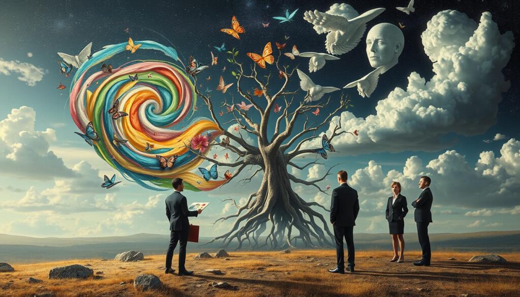 A surrealist landscape depicting the theme of metamorphosis and collaboration, centered around a group of individuals in professional attire engaged in an artistic exchange. In the foreground, a painter with a palette creates a swirling galaxy of colors that transforms into butterflies and flowers, symbolizing change. The middle ground features an abstract structure resembling intertwined roots and branches, merging human forms representatively with nature as they reach towards one another. In the background, a dreamlike sky transitions from night to day, filled with fragmented clouds that morph into shapes of animals and faces, reflecting the collective unconscious. Soft, ethereal lighting illuminates the scene, casting gentle shadows and creating an atmosphere of introspective wonder, encouraging viewers to contemplate transformation and unity. A surrealist landscape depicting the theme of metamorphosis and collaboration, centered around a group of individuals in professional attire engaged in an artistic exchange. In the foreground, a painter with a palette creates a swirling galaxy of colors that transforms into butterflies and flowers, symbolizing change. The middle ground features an abstract structure resembling intertwined roots and branches, merging human forms representatively with nature as they reach towards one another. In the background, a dreamlike sky transitions from night to day, filled with fragmented clouds that morph into shapes of animals and faces, reflecting the collective unconscious. Soft, ethereal lighting illuminates the scene, casting gentle shadows and creating an atmosphere of introspective wonder, encouraging viewers to contemplate transformation and unity.