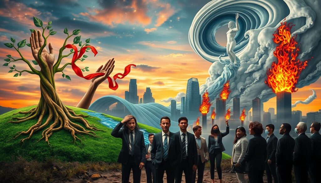 A surrealist scene depicting the four elements as metaphors of social revolution, featuring Earth represented by a lush green landscape with entwined roots forming hands, Water as flowing streams morphing into ribbons of fabric, Fire as vibrant flames twisting into dynamic human silhouettes in protest, and Air illustrated by swirling clouds filled with ethereal, dream-like figures. In the foreground, a diverse group of individuals dressed in professional attire stands defiantly, facing the viewer, embodying courage and unity. The middle ground showcases abstract structures, symbolizing urban life, bending and reshaping under the influence of the elements. The background is a surreal sky, blending vivid sunset colors with stars breaking through, creating a mystical atmosphere. Soft lighting casts dramatic shadows, emphasizing the surreal textures and forms of the scene, evoking a sense of hope and transformation. A surrealist scene depicting the four elements as metaphors of social revolution, featuring Earth represented by a lush green landscape with entwined roots forming hands, Water as flowing streams morphing into ribbons of fabric, Fire as vibrant flames twisting into dynamic human silhouettes in protest, and Air illustrated by swirling clouds filled with ethereal, dream-like figures. In the foreground, a diverse group of individuals dressed in professional attire stands defiantly, facing the viewer, embodying courage and unity. The middle ground showcases abstract structures, symbolizing urban life, bending and reshaping under the influence of the elements. The background is a surreal sky, blending vivid sunset colors with stars breaking through, creating a mystical atmosphere. Soft lighting casts dramatic shadows, emphasizing the surreal textures and forms of the scene, evoking a sense of hope and transformation.