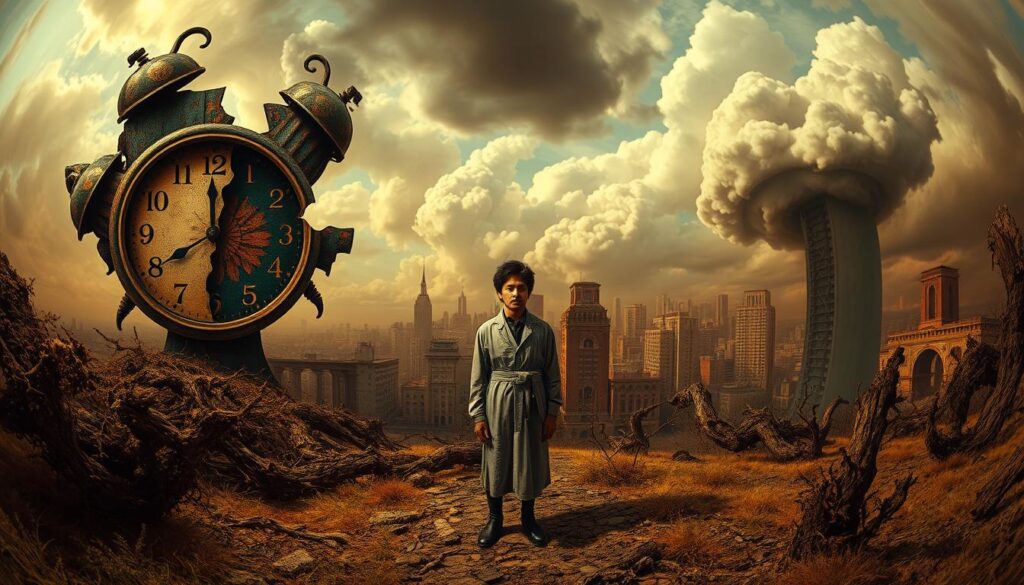 A surrealistic landscape dominated by a fractured, dream-like structure representing personal trauma, featuring distorted clock faces melting over twisted trees in the foreground. Vivid colors merge with shadowy tones, creating an unsettling juxtaposition. In the middle ground, a figure dressed in modest clothing stands in contemplation, their expression a blend of sorrow and introspection. Behind them, ominous clouds swirl above a surreal cityscape, where buildings bend and twist, symbolizing the universal nature of trauma. Warm, diffused lighting casts long shadows, enhancing the emotional depth of the scene. The image is framed with a slight fisheye lens effect to emphasize the disorientation of both personal and universal suffering, evoking an atmosphere of eerie calm and profound reflection. A surrealistic landscape dominated by a fractured, dream-like structure representing personal trauma, featuring distorted clock faces melting over twisted trees in the foreground. Vivid colors merge with shadowy tones, creating an unsettling juxtaposition. In the middle ground, a figure dressed in modest clothing stands in contemplation, their expression a blend of sorrow and introspection. Behind them, ominous clouds swirl above a surreal cityscape, where buildings bend and twist, symbolizing the universal nature of trauma. Warm, diffused lighting casts long shadows, enhancing the emotional depth of the scene. The image is framed with a slight fisheye lens effect to emphasize the disorientation of both personal and universal suffering, evoking an atmosphere of eerie calm and profound reflection.