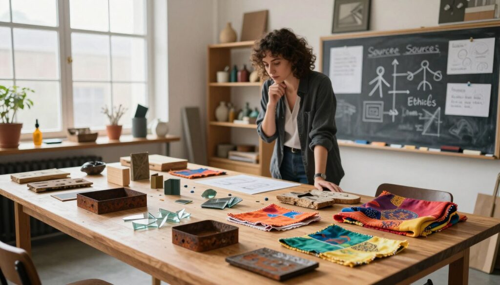 A vibrant assemblage of found objects arranged in an artistic lesson plan setting. In the foreground, a wooden table displays a variety of textured materials like rusted metal pieces, weathered wood scraps, colorful fabric swatches, and fragments of glass. A soft, diffused natural light filters in from a large window, casting gentle shadows and creating a warm, inviting atmosphere. The middle ground features a chalkboard with sketches and notes about sourcing, themes, and ethics in art, while a person in professional attire examines the materials thoughtfully, embodying a creative educator. In the background, shelves filled with more collected found objects and art supplies create a sense of an inspiring, eclectic space. The overall mood is collaborative, encouraging exploration and artistry. A vibrant assemblage of found objects arranged in an artistic lesson plan setting. In the foreground, a wooden table displays a variety of textured materials like rusted metal pieces, weathered wood scraps, colorful fabric swatches, and fragments of glass. A soft, diffused natural light filters in from a large window, casting gentle shadows and creating a warm, inviting atmosphere. The middle ground features a chalkboard with sketches and notes about sourcing, themes, and ethics in art, while a person in professional attire examines the materials thoughtfully, embodying a creative educator. In the background, shelves filled with more collected found objects and art supplies create a sense of an inspiring, eclectic space. The overall mood is collaborative, encouraging exploration and artistry.