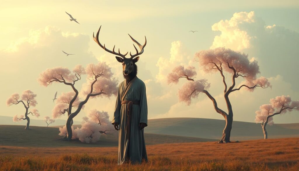 In a dreamlike landscape, a serene human-animal hybrid gracefully stands at the foreground, with the head of a majestic stag seamlessly merging into the body of a contemplative human figure dressed in modest, flowing robes. The middle ground features ethereal trees with twisting, elongated branches, their leaves shimmering in soft pastel hues of pink and blue. In the background, surreal clouds swirl in unusual shapes, illuminated by a soft, golden light that lends an otherworldly glow to the scene. The atmosphere is tranquil yet enigmatic, evoking a sense of mystery and wonder, inviting viewers to explore the hidden meanings behind the transformation. The composition is framed with a slightly tilted angle, enhancing the surreal quality of the image. In a dreamlike landscape, a serene human-animal hybrid gracefully stands at the foreground, with the head of a majestic stag seamlessly merging into the body of a contemplative human figure dressed in modest, flowing robes. The middle ground features ethereal trees with twisting, elongated branches, their leaves shimmering in soft pastel hues of pink and blue. In the background, surreal clouds swirl in unusual shapes, illuminated by a soft, golden light that lends an otherworldly glow to the scene. The atmosphere is tranquil yet enigmatic, evoking a sense of mystery and wonder, inviting viewers to explore the hidden meanings behind the transformation. The composition is framed with a slightly tilted angle, enhancing the surreal quality of the image.