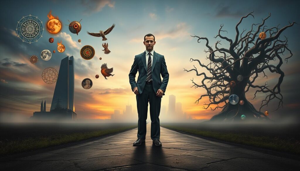 In a surrealist setting, depict a striking contrast between the minds of Carl Jung and Sigmund Freud. In the foreground, a fragmented human figure, dressed in professional business attire, stands at a crossroads, representing the dual paths of analytical psychology. The left side features dream-like elements—fading landscapes, floating symbols, and archetypal imagery representing Jung’s theories, such as a mandala and a wise owl. The right side shows chaotic, labyrinthine structures embodying Freud's ideas, like a tangle of vines with primal shapes. In the middle ground, an ethereal mist blurs the boundary between the two realms. The background paints a twilight sky to evoke introspection, with soft lighting casting a mystical glow over the scene. The mood should be contemplative, highlighting the tension between transformation and stability in psychological thought. In a surrealist setting, depict a striking contrast between the minds of Carl Jung and Sigmund Freud. In the foreground, a fragmented human figure, dressed in professional business attire, stands at a crossroads, representing the dual paths of analytical psychology. The left side features dream-like elements—fading landscapes, floating symbols, and archetypal imagery representing Jung’s theories, such as a mandala and a wise owl. The right side shows chaotic, labyrinthine structures embodying Freud's ideas, like a tangle of vines with primal shapes. In the middle ground, an ethereal mist blurs the boundary between the two realms. The background paints a twilight sky to evoke introspection, with soft lighting casting a mystical glow over the scene. The mood should be contemplative, highlighting the tension between transformation and stability in psychological thought.