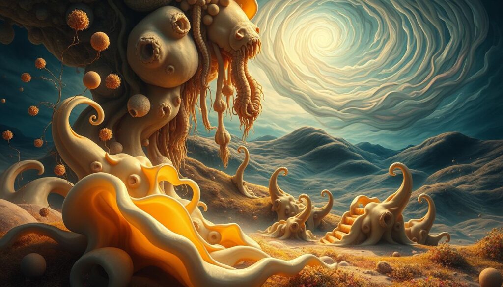 Surrealist biomorphic forms intertwine and flow across the canvas, evoking a dreamlike state. In the foreground, soft, organic shapes resemble fluidly merged creatures and abstract flora, bathed in ethereal lighting with a warm, golden hue. The middle section displays cascading structures that mimic living organisms, each twisting and bending in improbable ways, as if alive. The background is a mystical landscape, filled with undulating hills and an eerie, swirling sky painted in deep blues and purples. The overall atmosphere is both unsettling and captivating, inviting exploration while challenging the viewer's perception of reality. Capture this scene with a wide-angle perspective, focusing on dynamic curves and transitions, to emphasize the hypnotic nature of the biomorphic forms. Surrealist biomorphic forms intertwine and flow across the canvas, evoking a dreamlike state. In the foreground, soft, organic shapes resemble fluidly merged creatures and abstract flora, bathed in ethereal lighting with a warm, golden hue. The middle section displays cascading structures that mimic living organisms, each twisting and bending in improbable ways, as if alive. The background is a mystical landscape, filled with undulating hills and an eerie, swirling sky painted in deep blues and purples. The overall atmosphere is both unsettling and captivating, inviting exploration while challenging the viewer's perception of reality. Capture this scene with a wide-angle perspective, focusing on dynamic curves and transitions, to emphasize the hypnotic nature of the biomorphic forms.