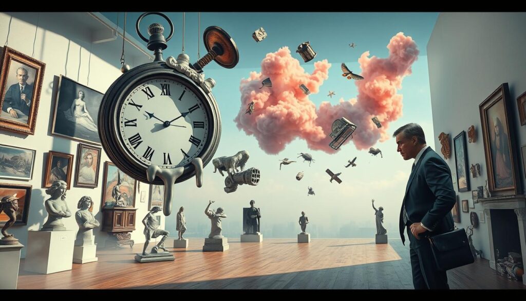 A surrealist landscape depicting a twisted gallery filled with abstract sculptures, paintings, and everyday objects that morph and blend into one another. In the foreground, a distinguished figure in professional business attire examines a melting clock, symbolizing the distortion of time in legacy criticism. The middle ground features fragmented art pieces suspended in mid-air, casting elongated shadows, with swirling clouds of vibrant color echoing surrealist themes. The background presents a hazy skyline, partially obscured by ethereal fog, enhancing the dreamlike atmosphere. Soft, diffused lighting illuminates the scene, creating an otherworldly glow, while a wide-angle perspective adds depth, inviting the viewer into this contemplative space that questions commercialization and relevance in art today. A surrealist landscape depicting a twisted gallery filled with abstract sculptures, paintings, and everyday objects that morph and blend into one another. In the foreground, a distinguished figure in professional business attire examines a melting clock, symbolizing the distortion of time in legacy criticism. The middle ground features fragmented art pieces suspended in mid-air, casting elongated shadows, with swirling clouds of vibrant color echoing surrealist themes. The background presents a hazy skyline, partially obscured by ethereal fog, enhancing the dreamlike atmosphere. Soft, diffused lighting illuminates the scene, creating an otherworldly glow, while a wide-angle perspective adds depth, inviting the viewer into this contemplative space that questions commercialization and relevance in art today.