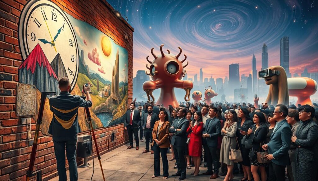 A vibrant scene depicting surrealism's influence in contemporary popular culture. In the foreground, a street artist spray-paints an oversized, whimsical dreamscape mural of melting clocks and exaggerated landscapes on a brick wall. Surrounding the artist, a diverse crowd dressed in professional business attire and modest casual clothing admires the artwork, their expressions blending fascination and wonder. In the middle ground, bizarre sculptures and stylized installations reflect iconic surrealist themes, juxtaposed with modern technology like smartphones and virtual reality headsets. The background features a dreamlike cityscape with distorted buildings and a twilight sky filled with swirling stars, casting a soft, ethereal glow over the scene. The atmosphere is imaginative and whimsical, evoking a sense of curiosity and creative exploration. A vibrant scene depicting surrealism's influence in contemporary popular culture. In the foreground, a street artist spray-paints an oversized, whimsical dreamscape mural of melting clocks and exaggerated landscapes on a brick wall. Surrounding the artist, a diverse crowd dressed in professional business attire and modest casual clothing admires the artwork, their expressions blending fascination and wonder. In the middle ground, bizarre sculptures and stylized installations reflect iconic surrealist themes, juxtaposed with modern technology like smartphones and virtual reality headsets. The background features a dreamlike cityscape with distorted buildings and a twilight sky filled with swirling stars, casting a soft, ethereal glow over the scene. The atmosphere is imaginative and whimsical, evoking a sense of curiosity and creative exploration.