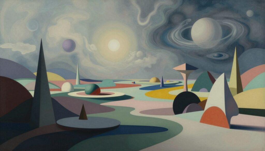 A captivating abstract surrealism artwork showcasing avant-garde techniques. In the foreground, intricately layered geometric shapes and fluid forms intertwine, creating a sense of depth. In the middle ground, a dreamlike landscape emerges, filled with unexpected juxtapositions of vibrant colors and distorted perspectives, conveying the collision of dreams and reality. The background features ethereal swirling clouds and bright celestial bodies, blending seamlessly with the abstract elements. Use soft, diffused lighting to enhance the otherworldly atmosphere, and employ a wide-angle lens effect to evoke a sense of vastness. The overall mood should be intriguing and thought-provoking, inviting viewers to explore the philosophies embedded within the art. A captivating abstract surrealism artwork showcasing avant-garde techniques. In the foreground, intricately layered geometric shapes and fluid forms intertwine, creating a sense of depth. In the middle ground, a dreamlike landscape emerges, filled with unexpected juxtapositions of vibrant colors and distorted perspectives, conveying the collision of dreams and reality. The background features ethereal swirling clouds and bright celestial bodies, blending seamlessly with the abstract elements. Use soft, diffused lighting to enhance the otherworldly atmosphere, and employ a wide-angle lens effect to evoke a sense of vastness. The overall mood should be intriguing and thought-provoking, inviting viewers to explore the philosophies embedded within the art.