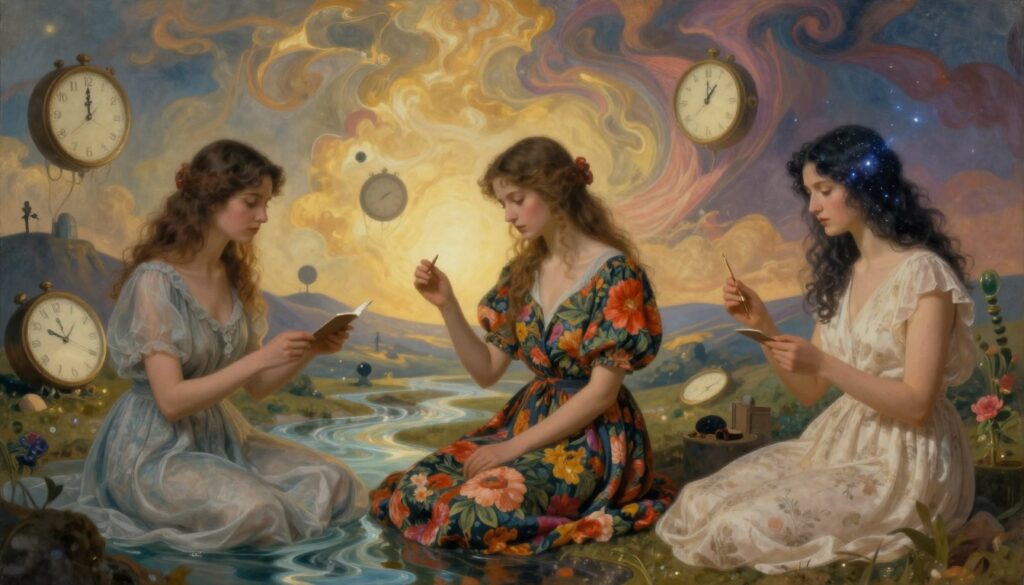 A dreamlike depiction capturing women inspired by surrealism, featuring three female figures in the foreground dressed in elegant, modest attire, engaging in creative activities. Each figure symbolizes a different element of nature: one blends with flowing water, another is adorned with vibrant floral patterns, and the third radiates a cosmic aura. The middle ground is filled with whimsical, distorted objects such as floating clocks and melting landscapes, illuminated by ethereal golden light. In the background, an abstract sky with swirling colors creates a fantastical atmosphere. Use a soft-focus lens to enhance the surreal quality, evoking a sense of wonder and introspection. The overall mood is enchanting and thought-provoking, inviting viewers to explore the essence of women in the surrealist movement. A dreamlike depiction capturing women inspired by surrealism, featuring three female figures in the foreground dressed in elegant, modest attire, engaging in creative activities. Each figure symbolizes a different element of nature: one blends with flowing water, another is adorned with vibrant floral patterns, and the third radiates a cosmic aura. The middle ground is filled with whimsical, distorted objects such as floating clocks and melting landscapes, illuminated by ethereal golden light. In the background, an abstract sky with swirling colors creates a fantastical atmosphere. Use a soft-focus lens to enhance the surreal quality, evoking a sense of wonder and introspection. The overall mood is enchanting and thought-provoking, inviting viewers to explore the essence of women in the surrealist movement.